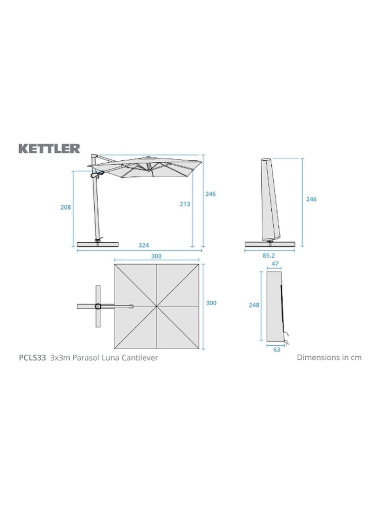 Kettler Stone Cream Luna 3x3m Square Cantilever Parasol - Image 6 of 6