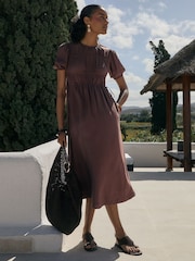 Threadbare Brown Ruched Drawstring Puff Sleeve Midi Dress - Image 1 of 4