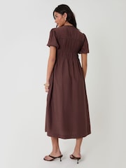 Threadbare Brown Ruched Drawstring Puff Sleeve Midi Dress - Image 3 of 4