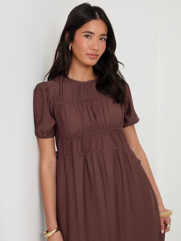 Threadbare Brown Ruched Drawstring Puff Sleeve Midi Dress - Image 4 of 4 Threadbare Brown Ruched Drawstring Puff Sleeve Midi Dress - Image 4 of 4