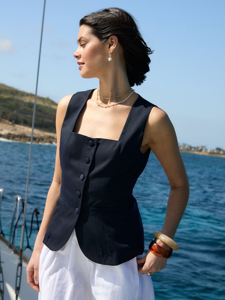 Threadbare Blue Square Neck Tailored Waistcoat - Image 1 of 5