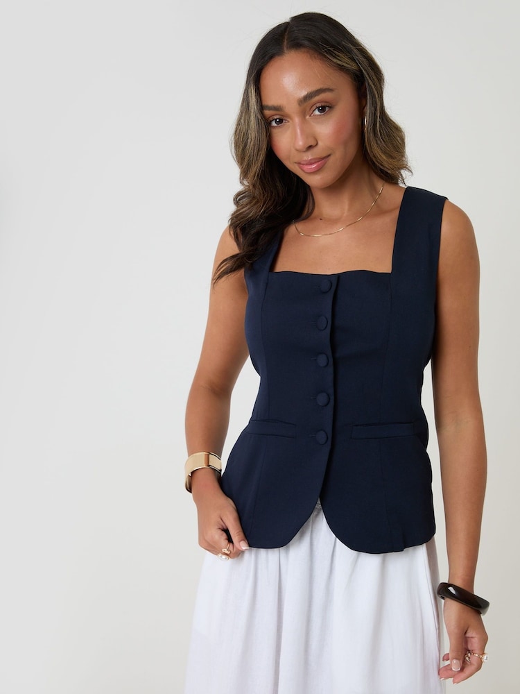 Threadbare Blue Square Neck Tailored Waistcoat - Image 2 of 5