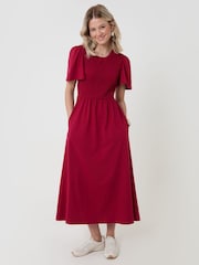 Threadbare Red Cotton Jersey Shirred Bodice Midi Dress - Image 1 of 4