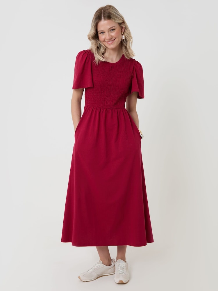 Threadbare Red Cotton Jersey Shirred Bodice Midi Dress - Image 1 of 4