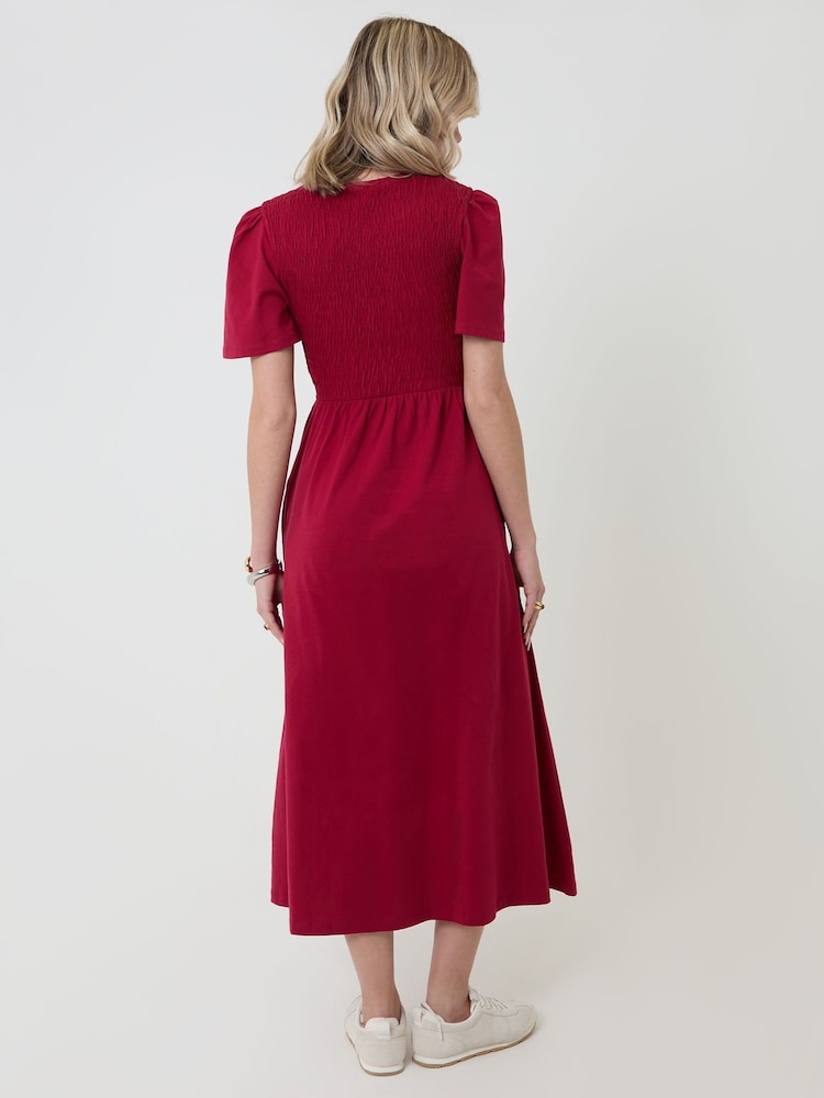 Threadbare Red Cotton Jersey Shirred Bodice Midi Dress - Image 2 of 4