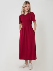 Threadbare Red Cotton Jersey Shirred Bodice Midi Dress - Image 3 of 4