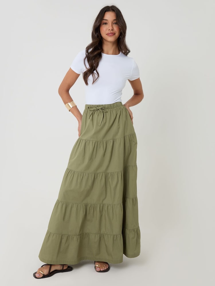 Threadbare Green Cotton Tiered Maxi Skirt - Image 2 of 5 Threadbare Green Cotton Tiered Maxi Skirt - Image 2 of 5