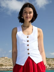 Threadbare White Scoop Neck Longline Linen Blend Waistcoat - Image 1 of 5