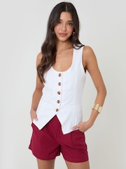 Threadbare White Scoop Neck Longline Linen Blend Waistcoat - Image 2 of 5