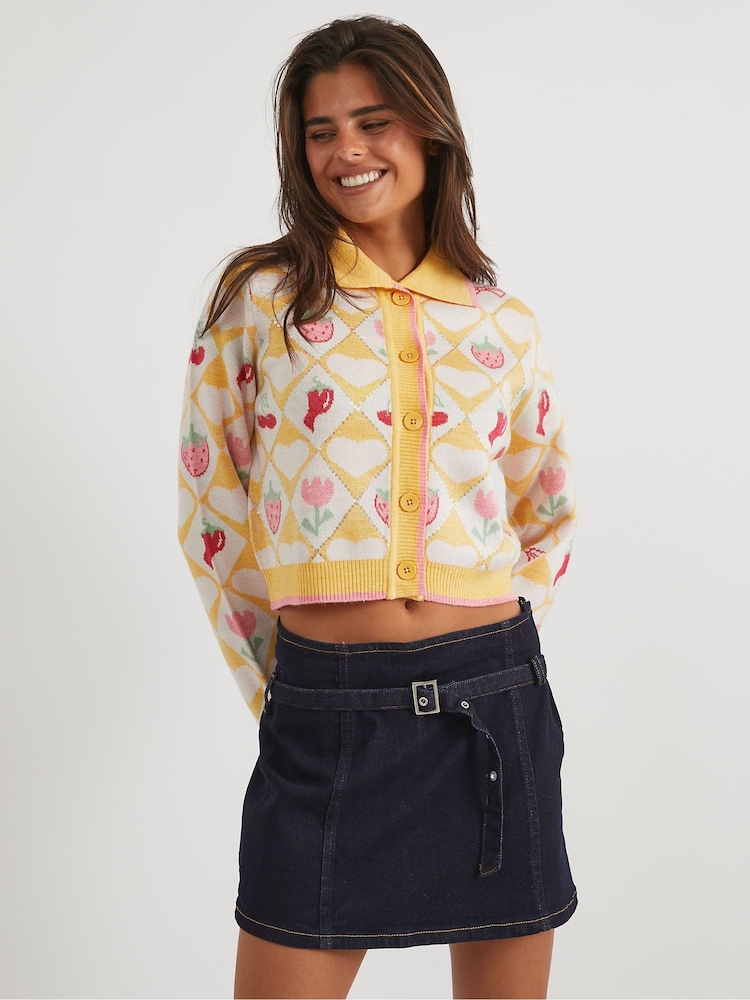 Skinnydip Yellow Floral Diamond Knitted Cardigan - Image 1 of 3