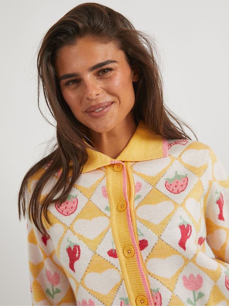 Skinnydip Yellow Floral Diamond Knitted Cardigan - Image 3 of 3