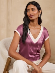 Love & Roses Mauve Purple V-Neck Satin Front Jersey T-Shirt - Image 1 of 4