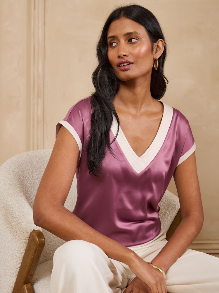 Love & Roses Mauve Purple V-Neck Satin Front Jersey T-Shirt - Image 1 of 4 Love & Roses Mauve Purple V-Neck Satin Front Jersey T-Shirt - Image 1 of 4