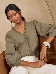 Love & Roses Khaki Green 3/4 Sleeve Broderie Trim Jersey Blouse - Image 1 of 5
