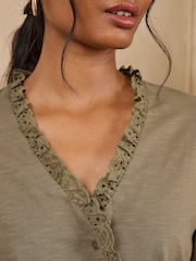 Love & Roses Khaki Green 3/4 Sleeve Broderie Trim Jersey Blouse - Image 2 of 5