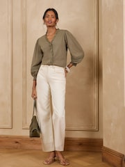 Love & Roses Khaki Green 3/4 Sleeve Broderie Trim Jersey Blouse - Image 3 of 5