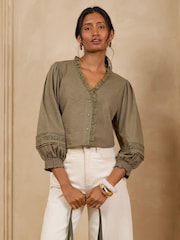 Love & Roses Khaki Green 3/4 Sleeve Broderie Trim Jersey Blouse - Image 4 of 5