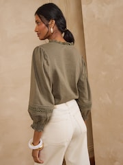 Love & Roses Khaki Green 3/4 Sleeve Broderie Trim Jersey Blouse - Image 5 of 5