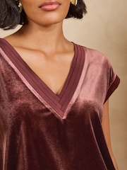 Love & Roses Chocolate Brown Satin Tipped V-Neck Velvet T-Shirt - Image 2 of 5