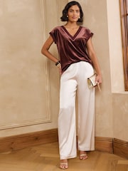 Love & Roses Chocolate Brown Satin Tipped V-Neck Velvet T-Shirt - Image 3 of 5