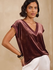 Love & Roses Chocolate Brown Satin Tipped V-Neck Velvet T-Shirt - Image 4 of 5