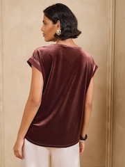 Love & Roses Chocolate Brown Satin Tipped V-Neck Velvet T-Shirt - Image 5 of 5