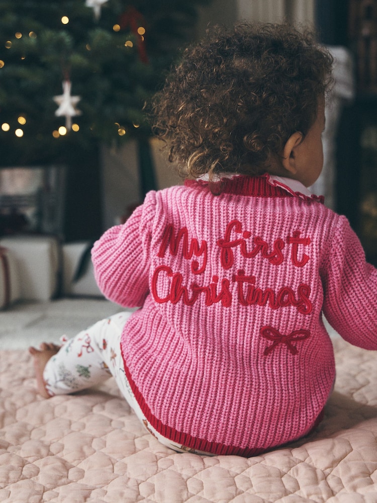 Pink and Red My First Christmas Baby Cardigan (0-18mths) - Image 1 of 10 Pink and Red My First Christmas Baby Cardigan (0-18mths) - Image 1 of 10