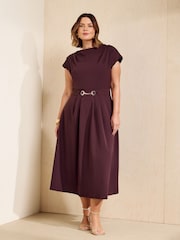 Friends Like These Burgundy Red Curve Hardware Detail Workwear Midi Dress - Image 4 of 5