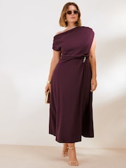 Friends Like These Aubergine Purple Curve Draped One Shoulder Midi Dress - Image 1 of 4