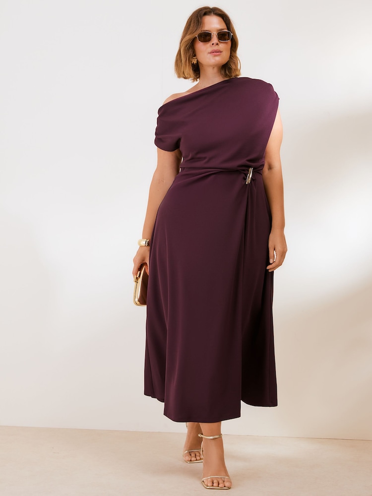 Friends Like These Aubergine Purple Curve Draped One Shoulder Midi Dress - Image 1 of 4 Friends Like These Aubergine Purple Curve Draped One Shoulder Midi Dress - Image 1 of 4