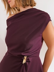 Friends Like These Aubergine Purple Curve Draped One Shoulder Midi Dress - Image 2 of 4