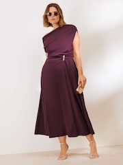 Friends Like These Aubergine Purple Curve Draped One Shoulder Midi Dress - Image 3 of 4