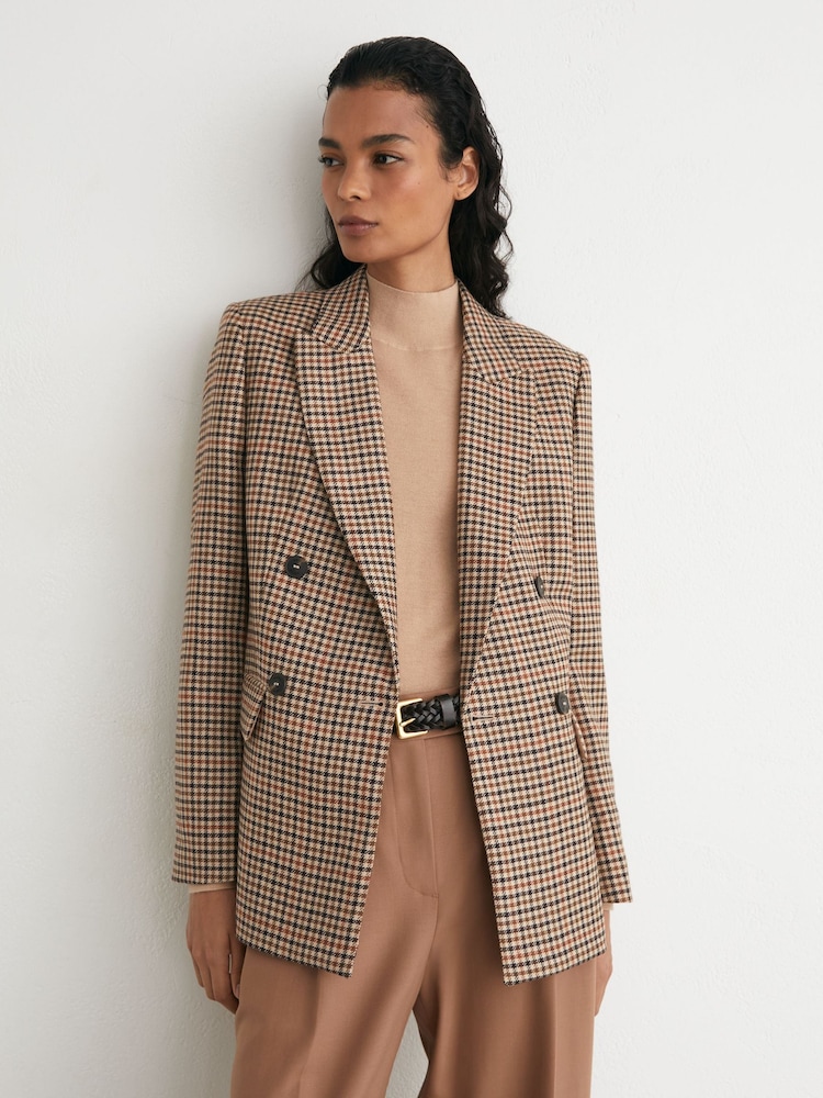 Reiss Neutral Check Willow Petite Wool Houndstooth-Check Double-Breasted Blazer - Image 1 of 8