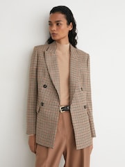 Reiss Neutral Check Willow Tall Wool Houndstooth-Check Double-Breasted Blazer - Image 6 of 8