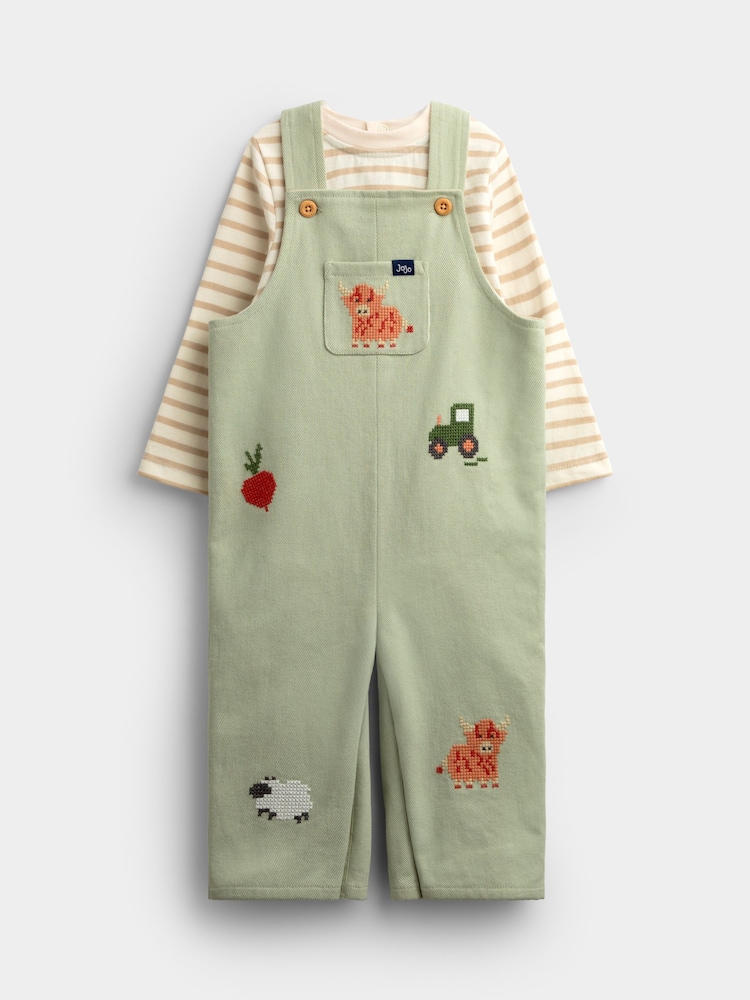 JoJo Maman Bébé Sage Green Cross Stitch Farm Dungaree Set - Image 1 of 6