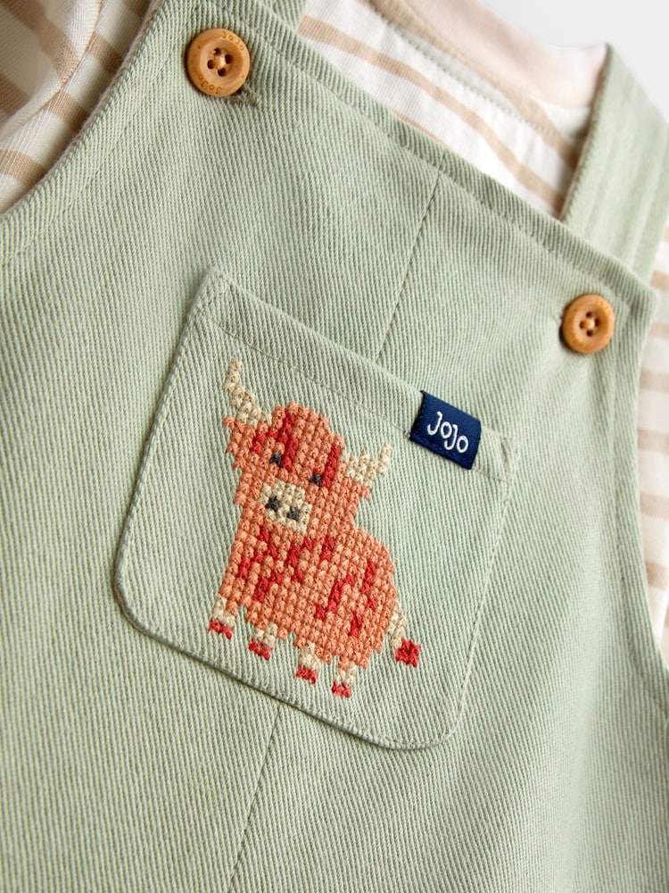 JoJo Maman Bébé Sage Green Cross Stitch Farm Dungaree Set - Image 6 of 6