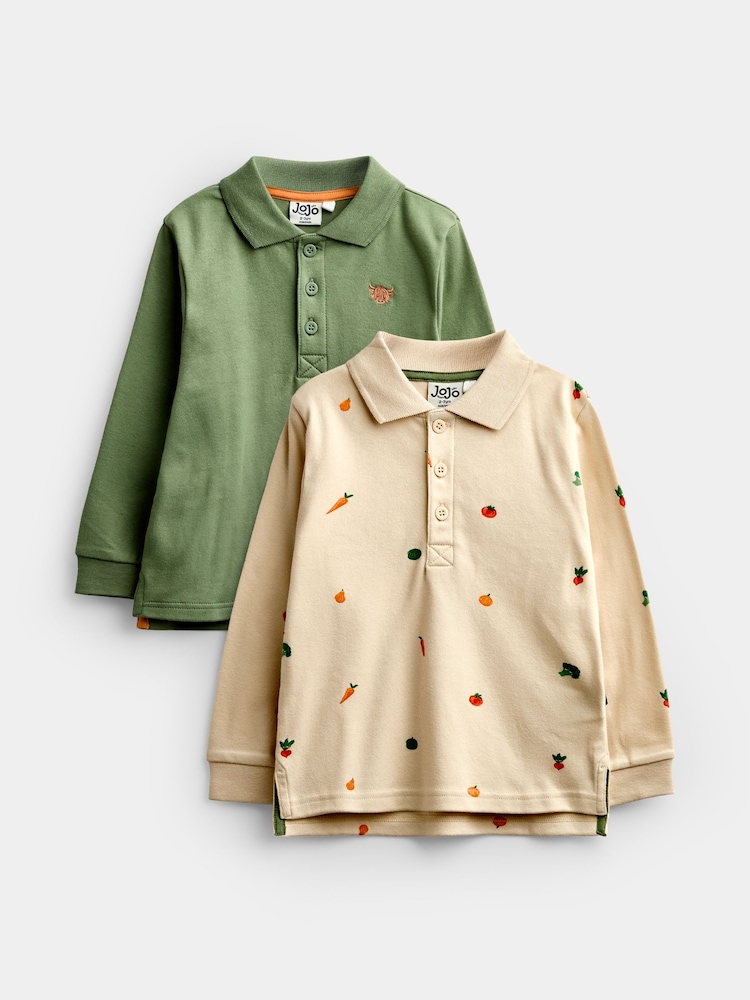 JoJo Maman Bébé Green & Natural Highland Cow 2-Pack Polo Shirts - Image 1 of 9 JoJo Maman Bébé Green & Natural Highland Cow 2-Pack Polo Shirts - Image 1 of 9