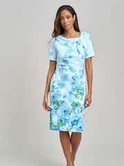 Gina Bacconi Blue Nisha Tie Neck Border Print Dress - Image 1 of 6