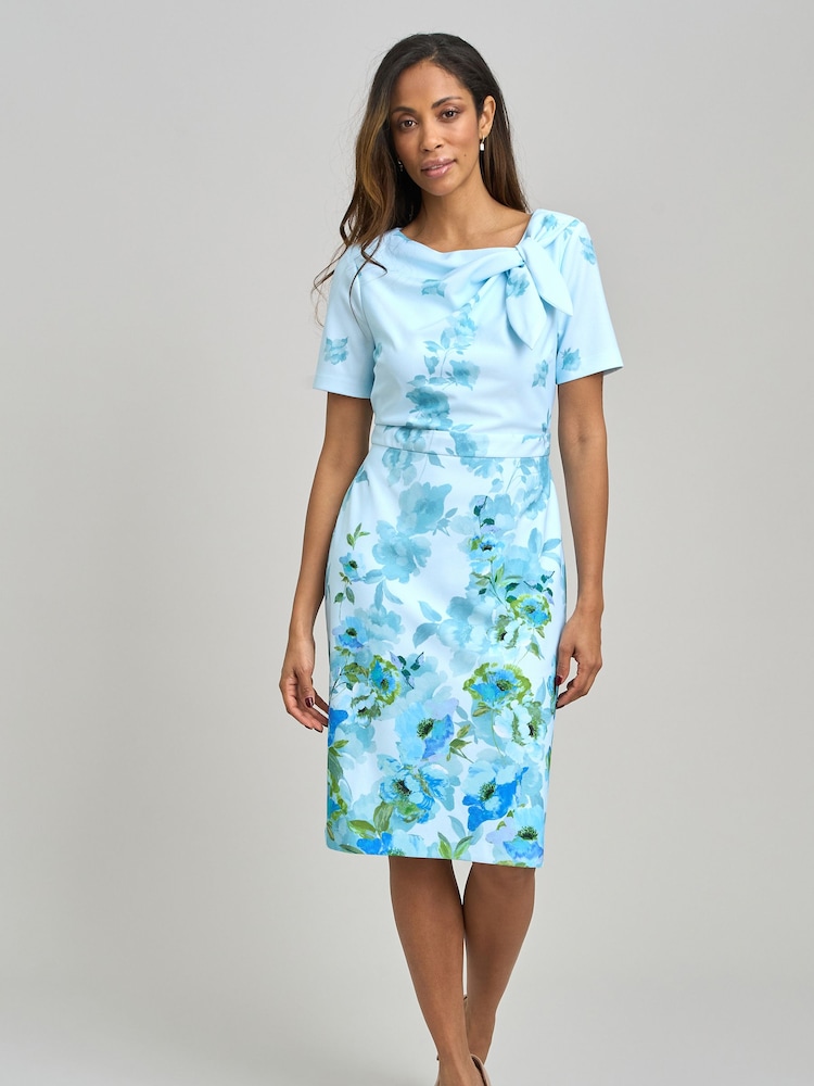 Gina Bacconi Blue Nisha Tie Neck Border Print Dress - Image 1 of 6