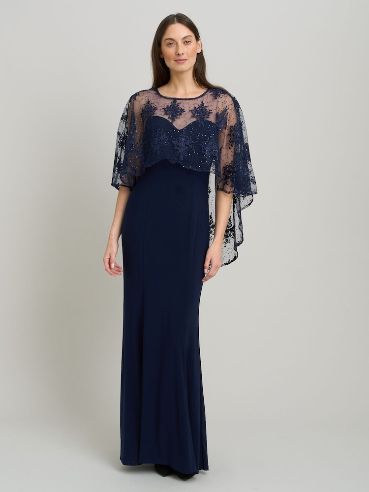 Gina Bacconi Blue Desire Jersey Maxi Dress With Lace Cape - Image 1 of 5
