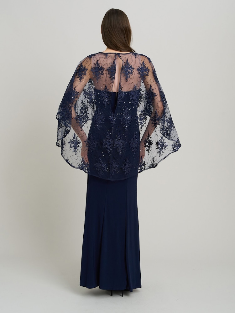 Gina Bacconi Blue Desire Jersey Maxi Dress With Lace Cape - Image 2 of 5