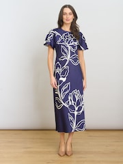 Gina Bacconi Blue Meg Short Sleeve Print Midi Dress - Image 3 of 6