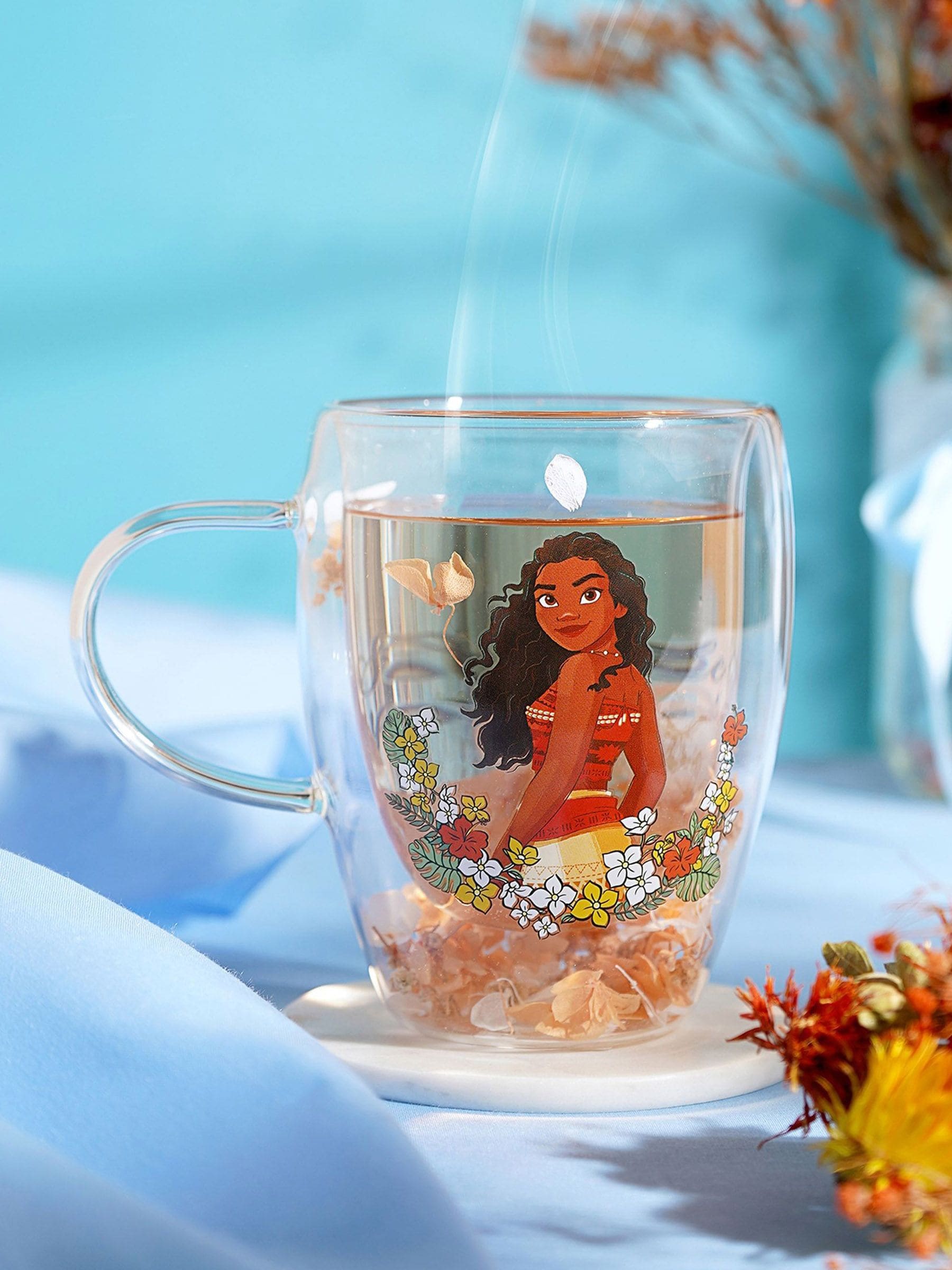 Disney Princess Unisex Orange Floral Decorative Moana Glass Mug