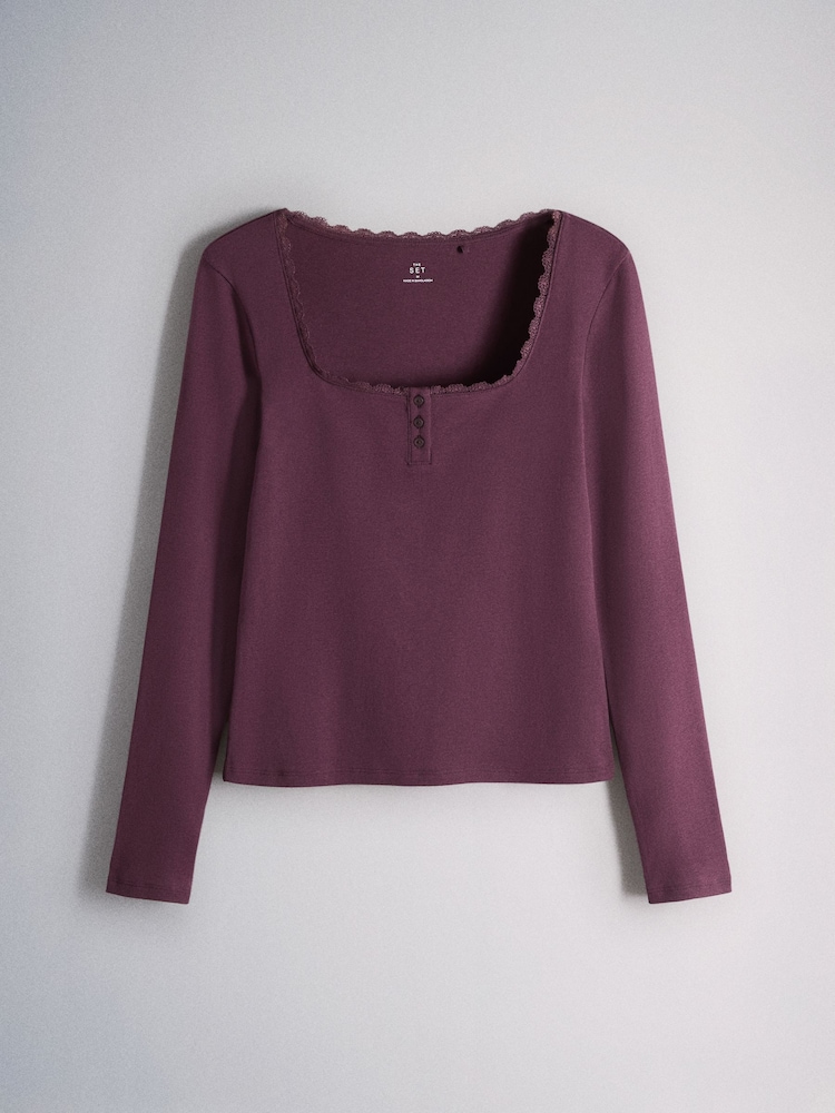 The Set 4 Pack Lace Henley Long Sleeve T-Shirts Burgundy Red - Image 2 of 7 The Set 4 Pack Lace Henley Long Sleeve T-Shirts Burgundy Red - Image 2 of 7