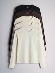 The Set 5 Pack Ribbed Long Sleeve T-Shirts Brown/Cream - Image 1 of 8