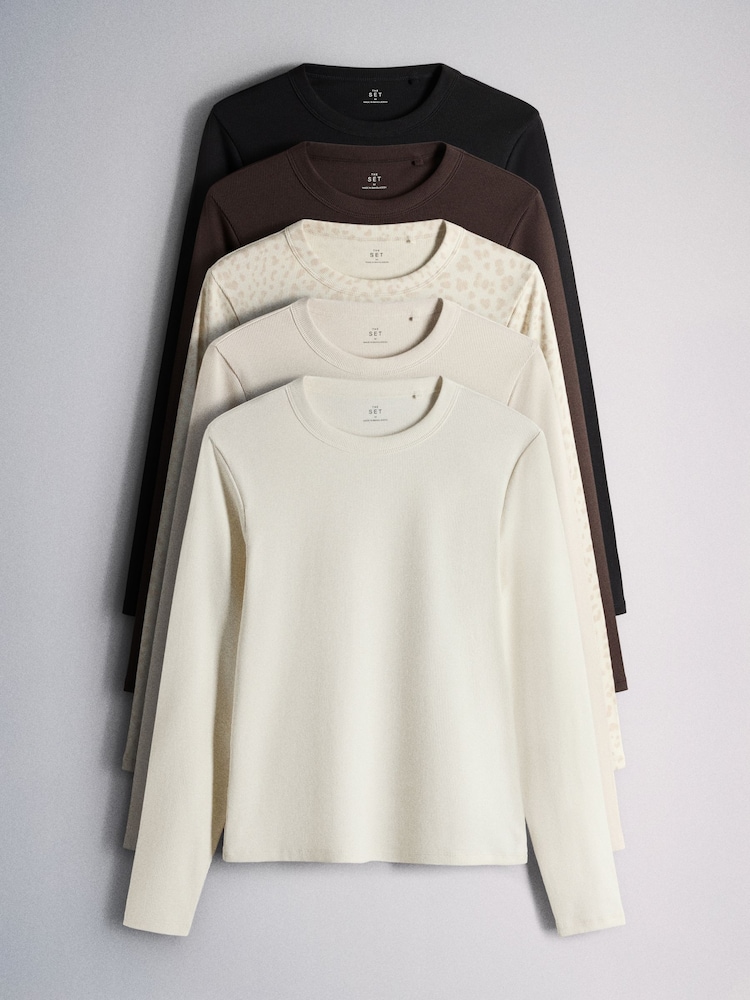The Set 5 Pack Ribbed Long Sleeve T-Shirts Brown/Cream - Image 1 of 8 The Set 5 Pack Ribbed Long Sleeve T-Shirts Brown/Cream - Image 1 of 8