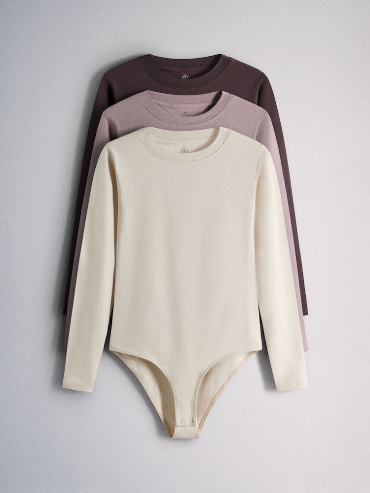 The Set 3 Pack Crew Neck Long Sleeve Bodysuits Brown/Purple/Neutral - Image 1 of 6