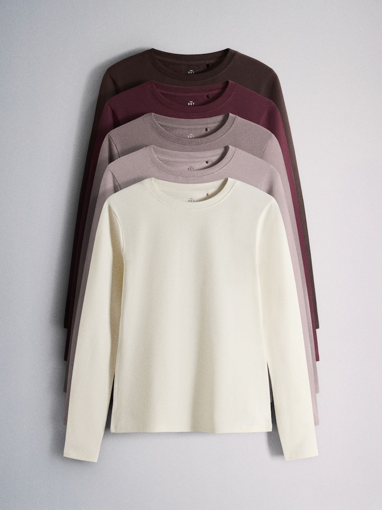Brown/Pink/Purple/Cream/White - The Set 5 Pack Fitted Crew Neck Long Sleeve T-Shirts - Image 1 de 8
