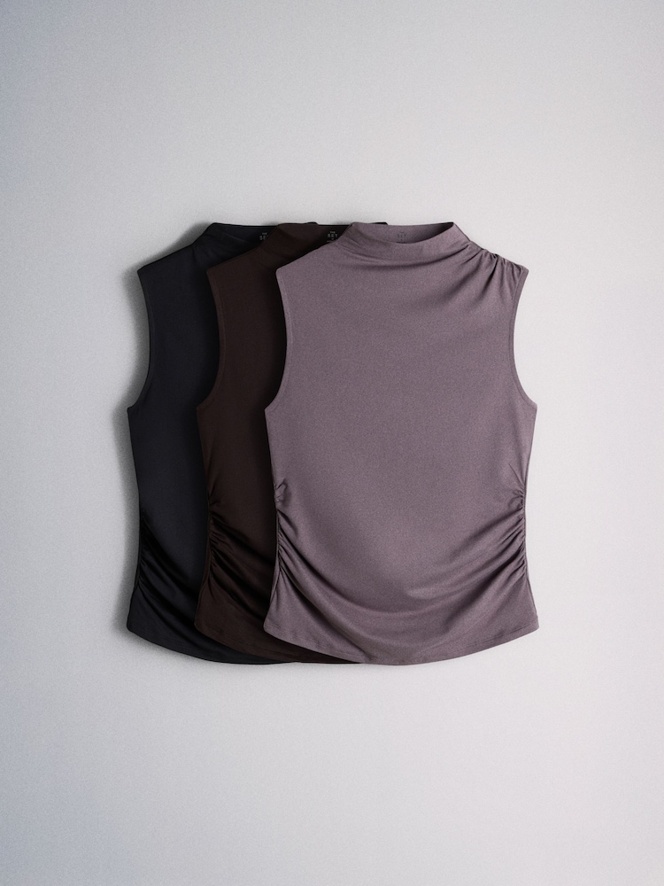 The Set 3 Pack High Neck Drape Sleeveless Tops Black/Taupe Brown/Chocolate - Image 2 of 8