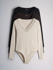 The Set 3 Pack V-Neck Ribbed Lace Bodysuits Black/Brown/Oat - Image 1 of 6